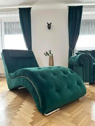 Szezlong 170x75 cm musztardowy na sprężynach z srebrnymi nóżkami i ozdobnymi guzikami, do salonu - Miniaturka zdjęcia nr 4