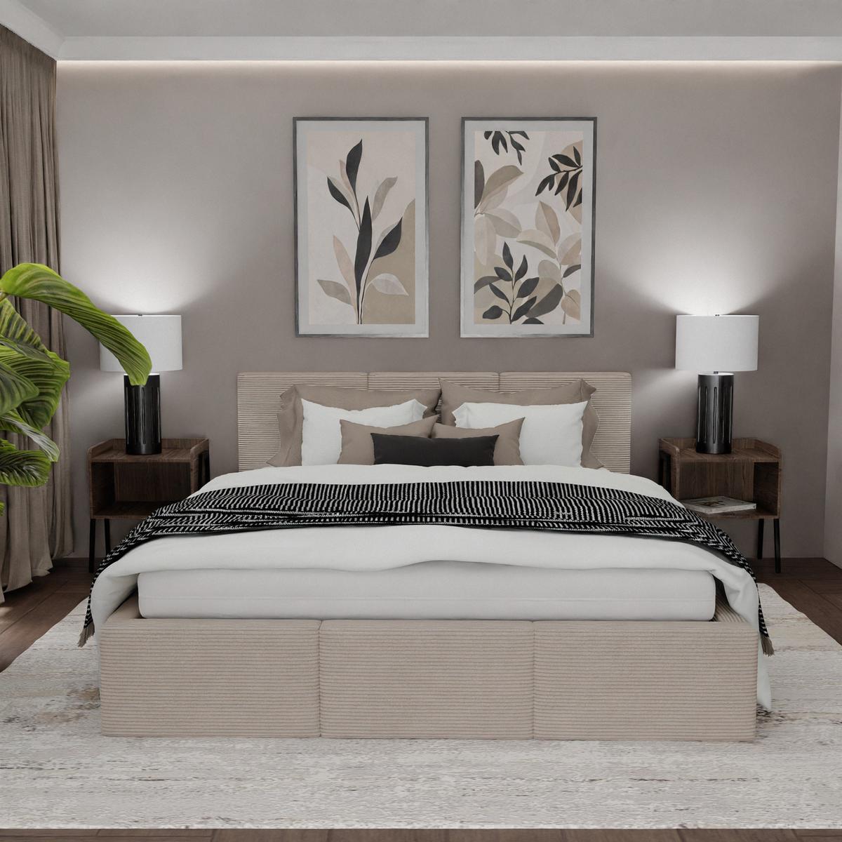 Łóżko Tapicerowane Do Sypialni 180x200 Podwójne z Pojemnikiem Beżowe nr. 2