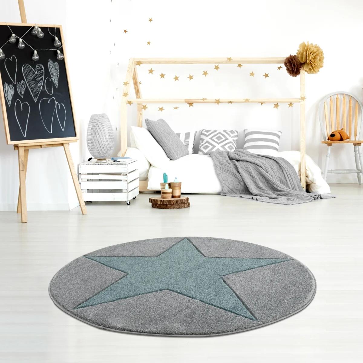 Dywan dziecięcy okrągły Big Star Round Grey/Mint 133 cm do pokoju dziecięcego szary z gwiazdą