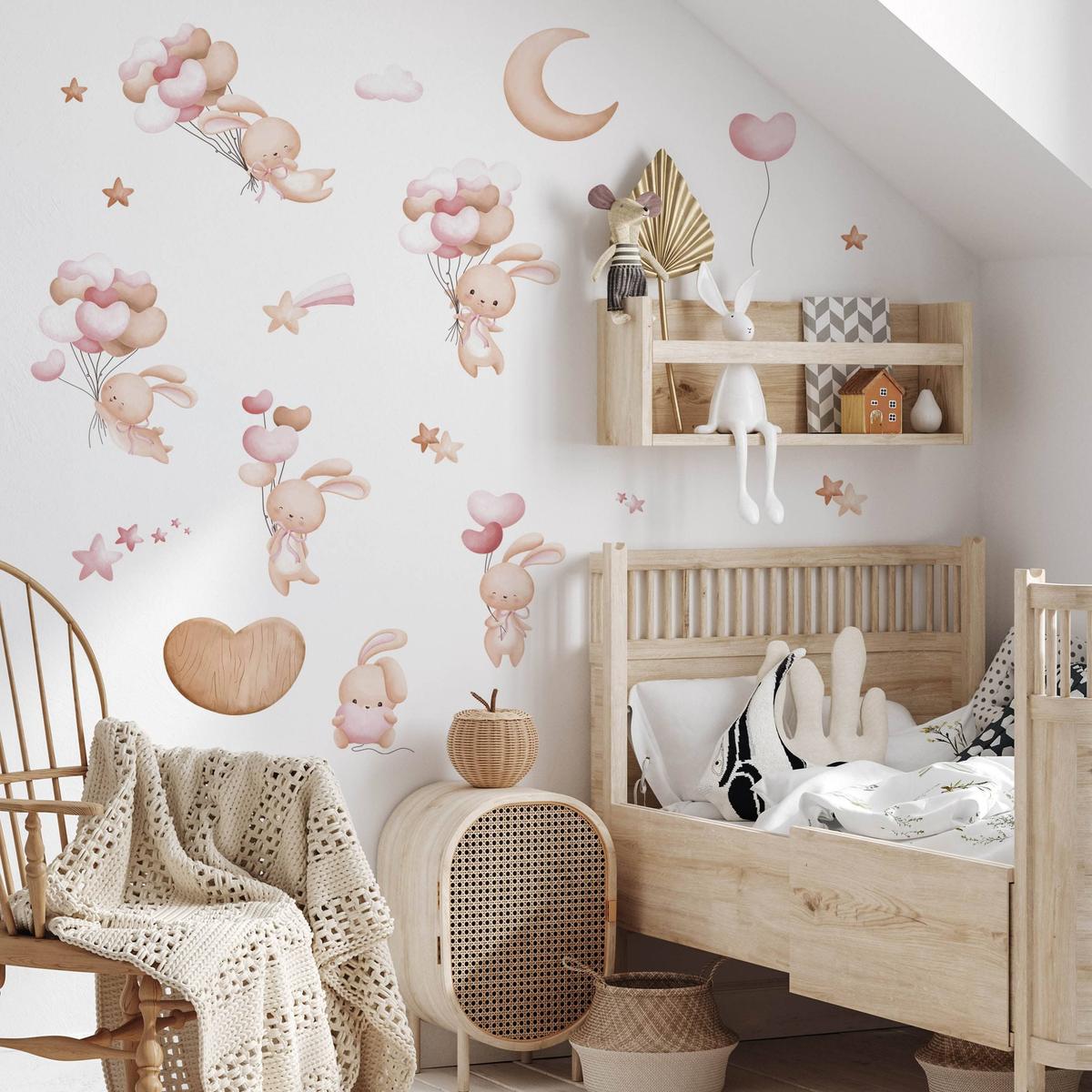 Naklejki Ścienne Dla Dzieci Króliczki Balony 60x30 Serca Gwiazdy ZESTAW nr. 5