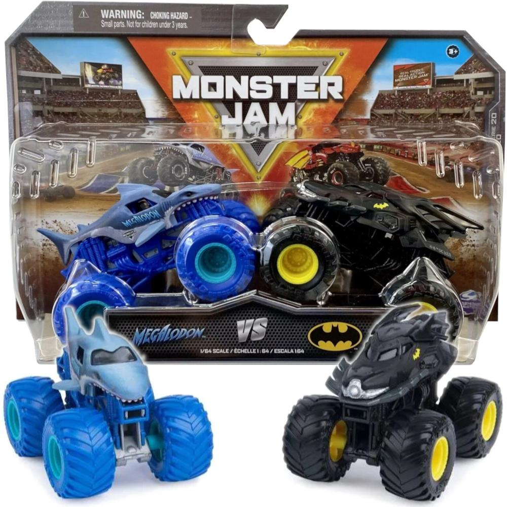 MONSTER JAM TRUCK AUTA TERENOWE 2-PAK SERIA 20 MEGALODON + BATMAN 1:64