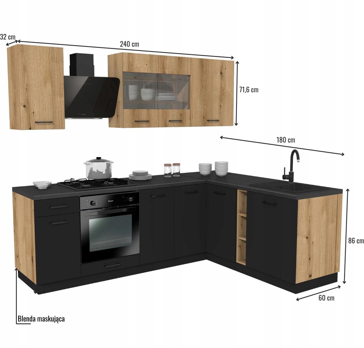 Zestaw mebli kuchennych Capri 240x180 cm kuchnia narożna szafki kuchenne górne dolne dąb evoke/czarny z blatem district dark nr. 3