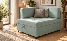 Sofa Viluś 106x75x80 cm miętowy rozkładana sofa narożna jednoosobowa z funkcją spania i pojemnikiem na pościel