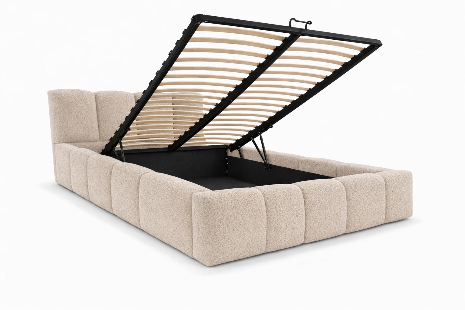 Łóżko tapicerowane VELLA 140x200 cm ze stelażem i pojemnikiem boucle do sypialni beżowe nr. 4