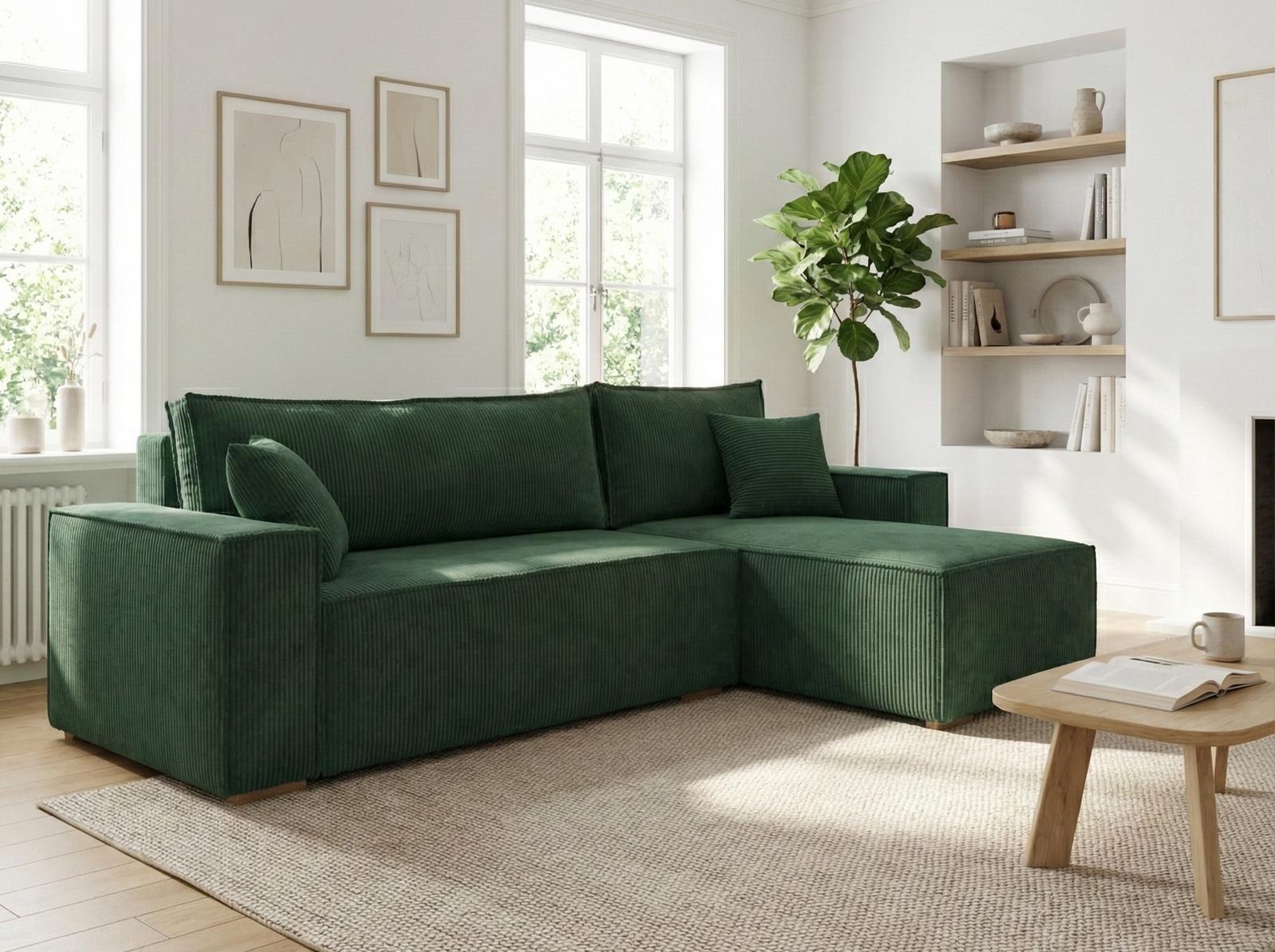 Narożnik Modena 230x52x130 cm z funkcją spania i pojemnikiem sztruks butelkowa zieleń do salonu