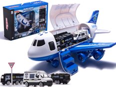 Transporter samolot + 3 auta pojazdy policja zabawka dla dzieci biała 41,5x31,5x14 cm