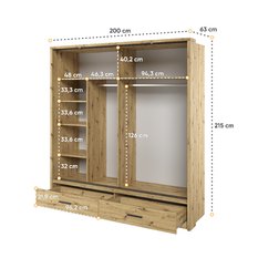 Szafa z lustrem Arti 200 cm do sypialni przedpokoju garderoby dąb artisan - Miniaturka zdjęcia nr 4