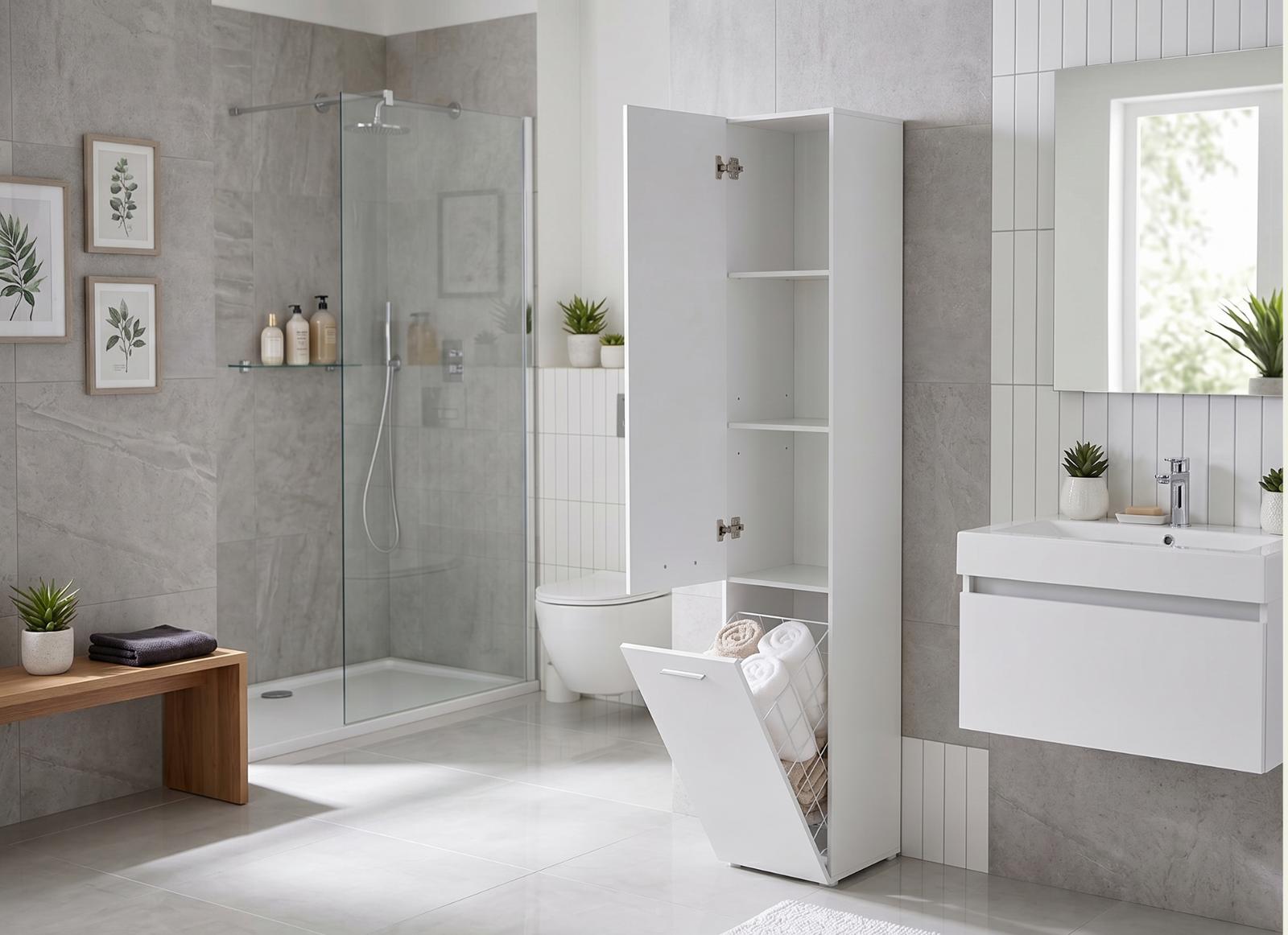 Szafka łazienkowa słupek LUBA I 174×30×30 cm z szafkami i półkami oraz koszem do łazienki biała