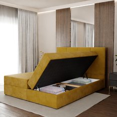 Łóżko kontynentalne 160x200x113 cm tapicerowane podwójne z materacem żółte - Miniaturka zdjęcia nr 4