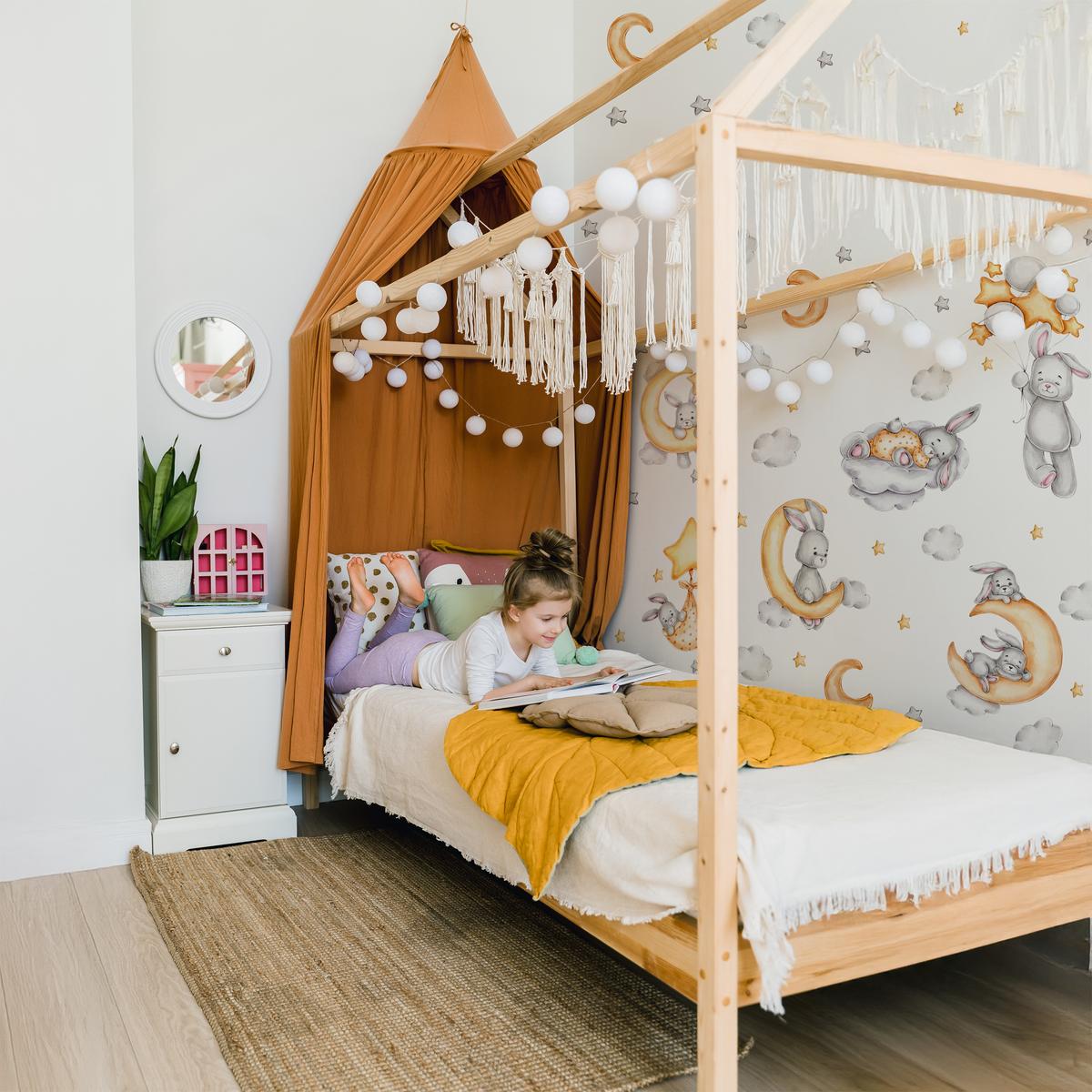 Naklejki Ścienne Dla Dzieci Szare Króliczki 120x60 Księżyce ZESTAW nr. 4