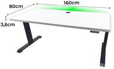 Biurko gamingowe elektryczne LOW 160x80x70-118 cm regulowane nogi LED RGB pilot przepust białe - Miniaturka zdjęcia nr 2