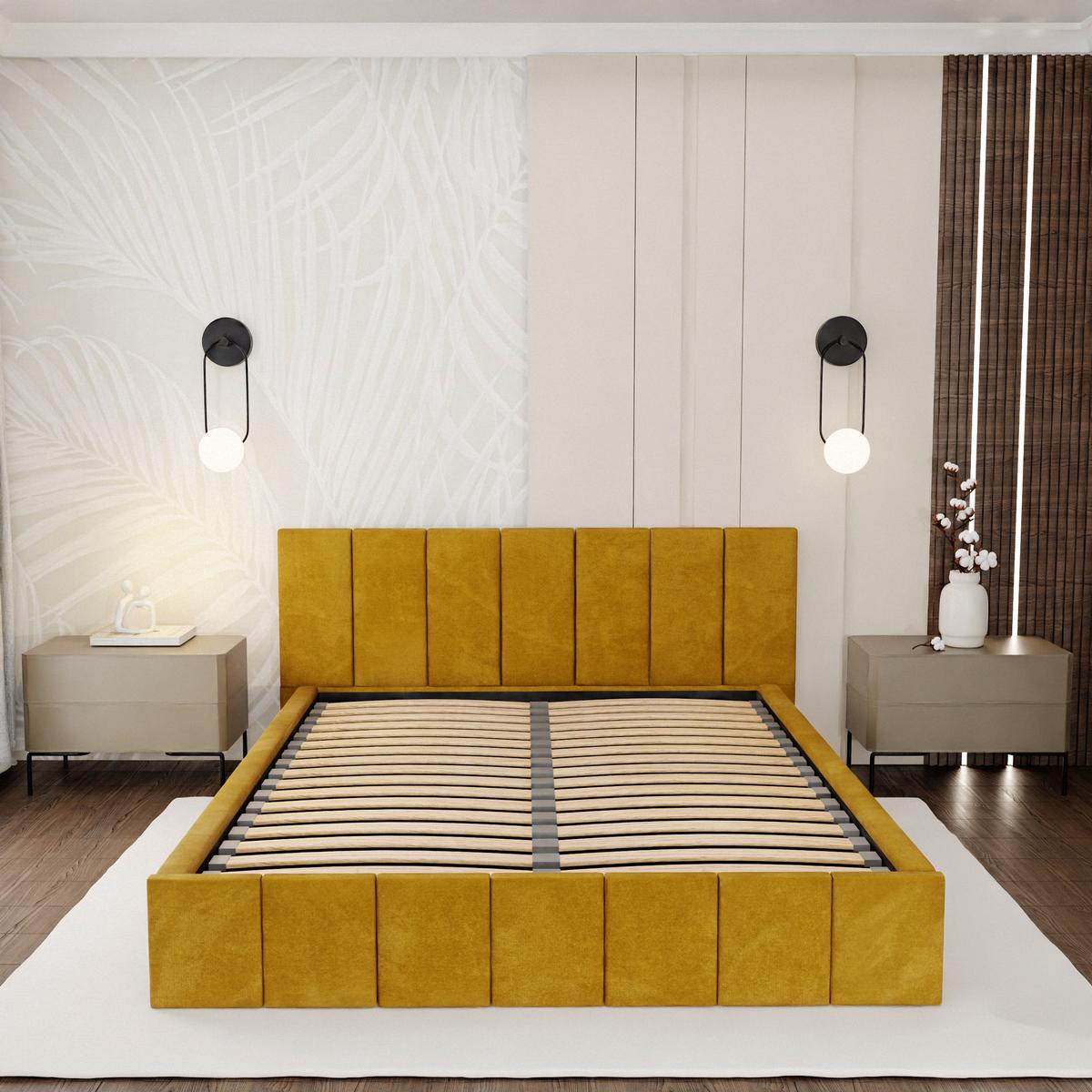 Łóżko tapicerowane 140x200 premium z pojemnikiem do sypialni żółte wezgłowie 107 cm nr. 5
