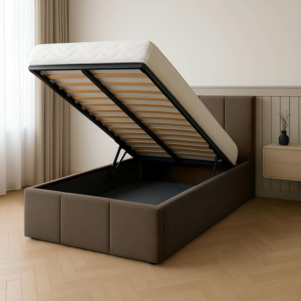 Łóżko Pojedyncze 90x200cm łóżko tapicerowane z pojemnikiem brązowe do sypialni wezgłowie 110 cm nr. 2