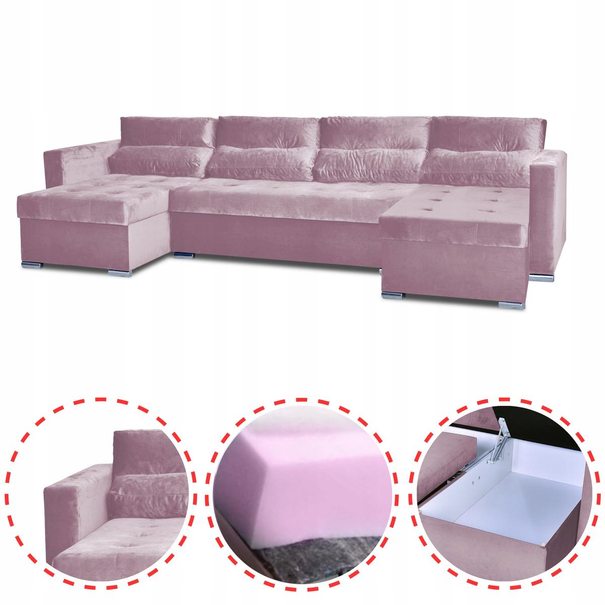 Narożnik Varius BIG 297x74x140 cm kształt U z funkcją spania i przechowywania do salonu Royal pudrowy róż nr. 2