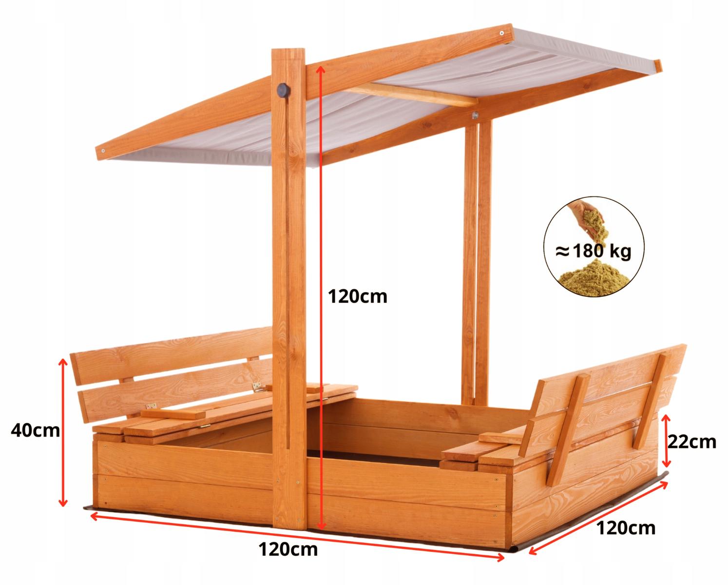 Piaskownica z daszkiem impregnowana drewniana zamykana z ławkami 120x120x120 cm do ogrodu szary nr. 4