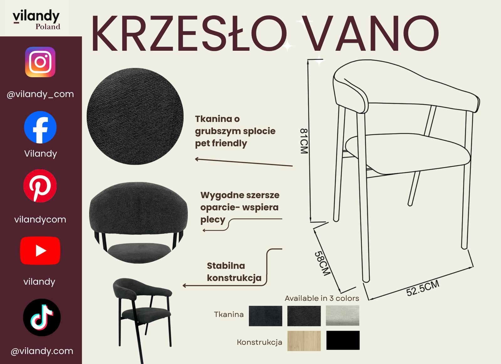 Zestaw 2 krzeseł tapicerowanych do jadalni VANO stelaż czarny, tkanina Aragon ciemnoszary nr. 10