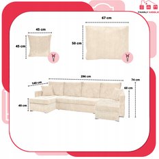 Narożnik Bonito BIG 296x74x104 cm kształt U z funkcją spania i przechowywania Anafi sztruks beżowy - Miniaturka zdjęcia nr 8