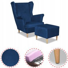 Fotel uszak Angelo z podnóżkiem pikowany niebieski