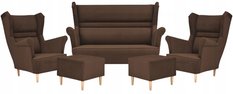 Zestaw wypoczynkowy ZOJA sofa + 2 fotele + 2 podnóżki brązowe do salonu 