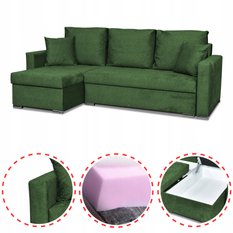 Narożnik BELLA 226x75x140 cm rozkładany funkcją spania rogówka do salonu zielony welur - Miniaturka zdjęcia nr 2