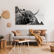 Obraz Do Salonu Krowa Szkocka Czarno-Biały  90x60 Pejzaż Góry Las Natura  - Miniaturka zdjęcia nr 3