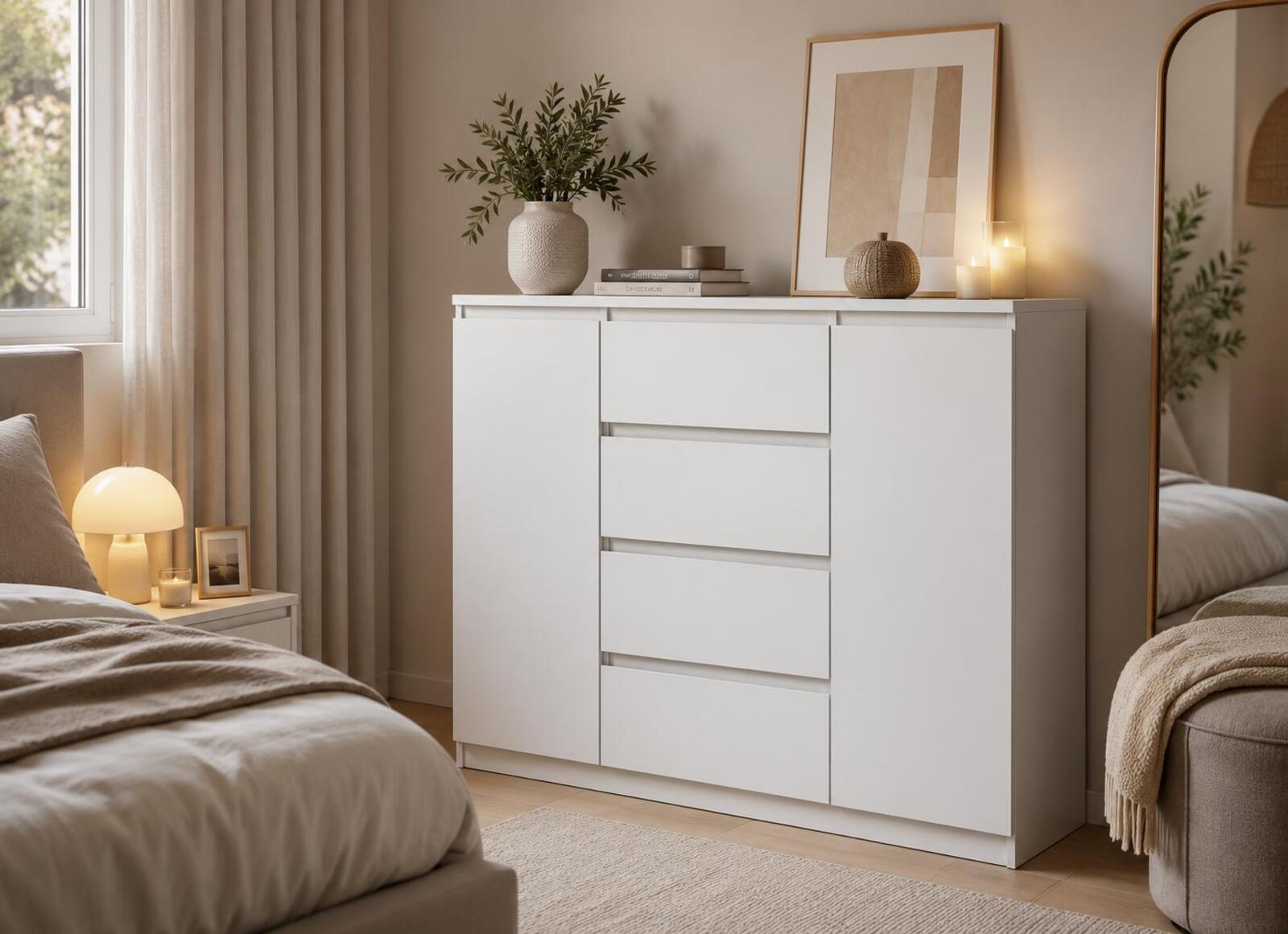 Komoda 120 cm MARTUSIA 101x120x39 cm z 2 drzwiami i 4 szufladami biała do salonu i sypialni pojemna