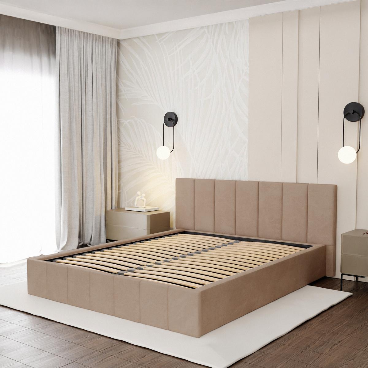 Łóżko tapicerowane 140x200 premium z pojemnikiem do sypialni beżowe wezgłowie 107 cm nr. 4