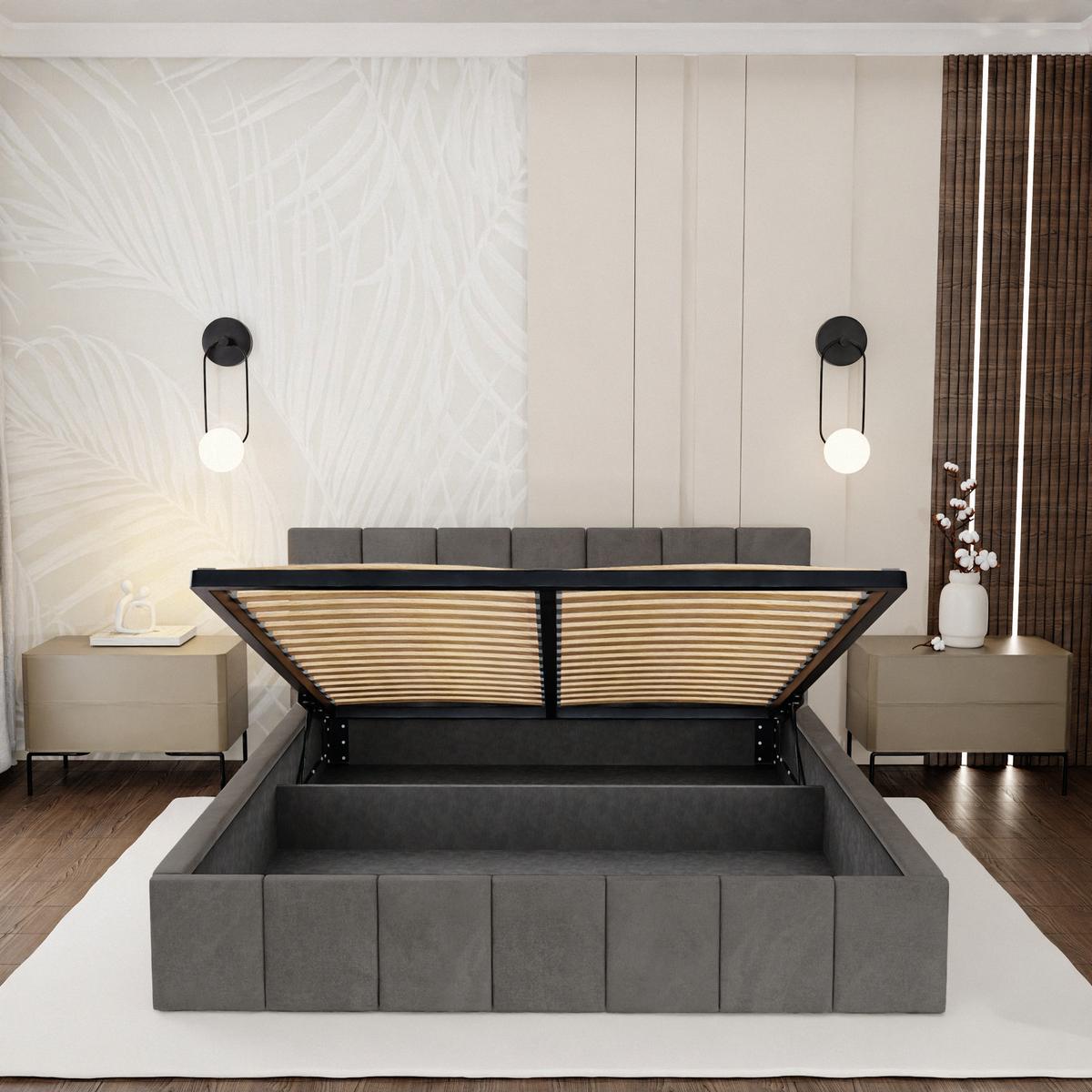 Łóżko tapicerowane 160x200 premium z pojemnikiem do sypialni szare wezgłowie 107 cm nr. 7