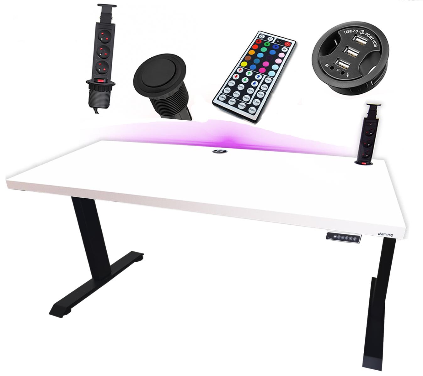 Biurko gamingowe elektryczne model 3 LOW 160x80x70-118 cm  regulowane nogi LED RGB pilot przepust USB białe