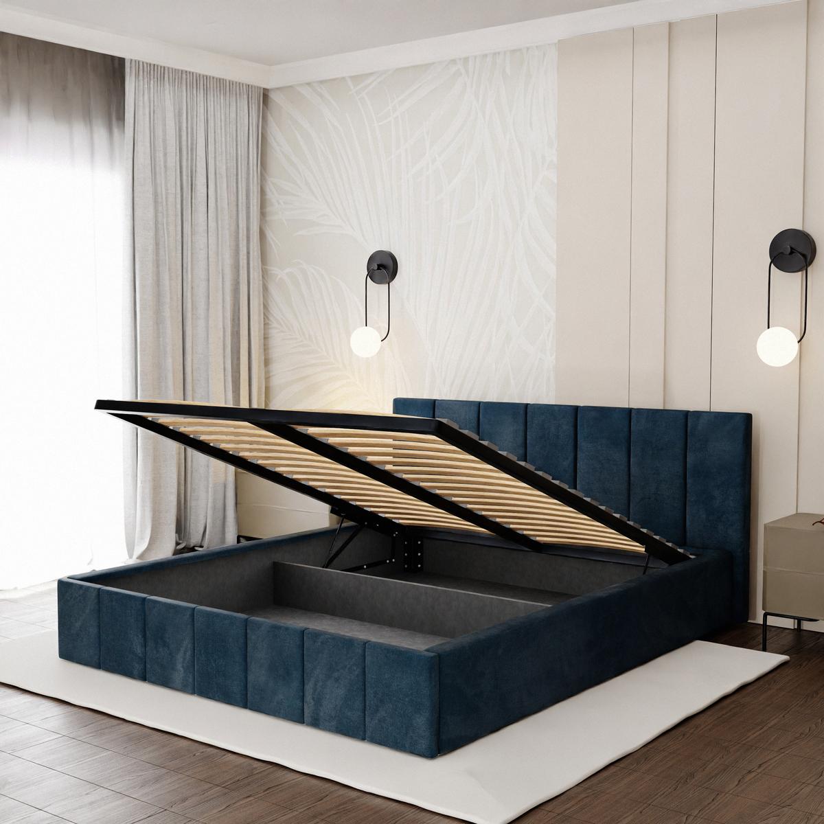 Łóżko tapicerowane 160x200 premium z pojemnikiem do sypialni granatowe wezgłowie 107 cm nr. 6