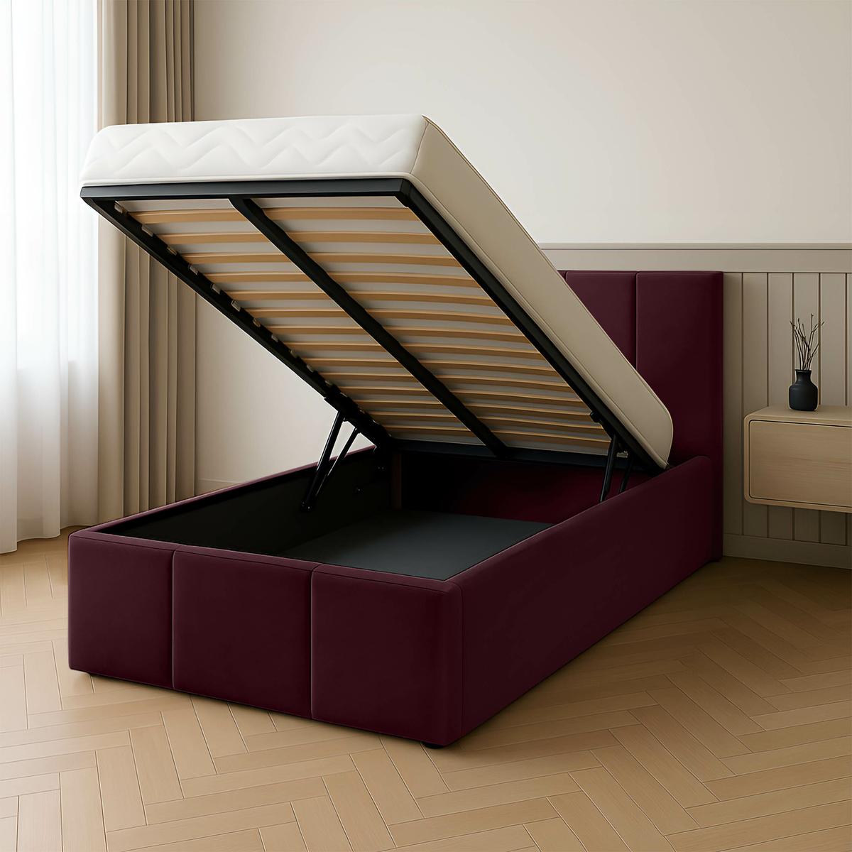 Łóżko Pojedyncze 90x200cm łóżko tapicerowane z pojemnikiem bordowe do sypialni wezgłowie 120 cm nr. 2