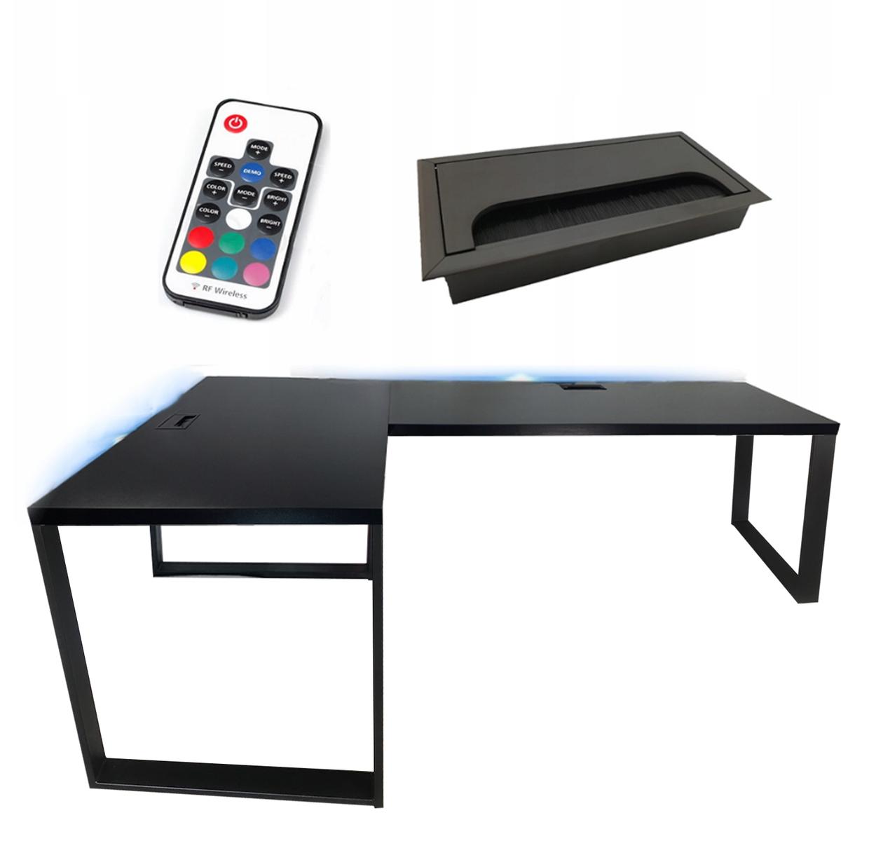 Biurko gamingowe narożne czarne LOFT metalowe nogi LED RGB przepust dla gracza 202x66x71cm