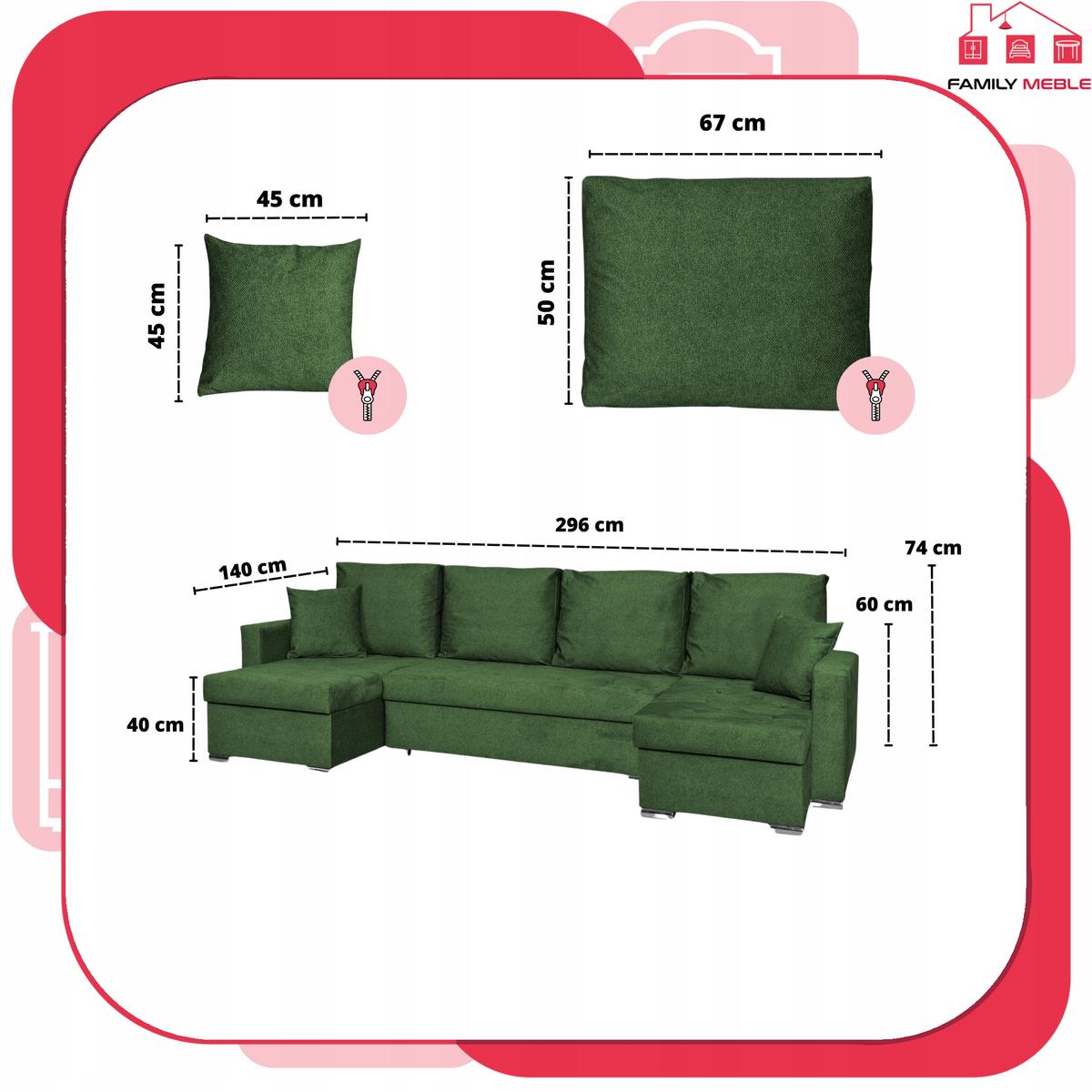 Narożnik Bella BIG 298x74x140 cm kształt U z funkcją spania i przechowywania Angel zielony nr. 8