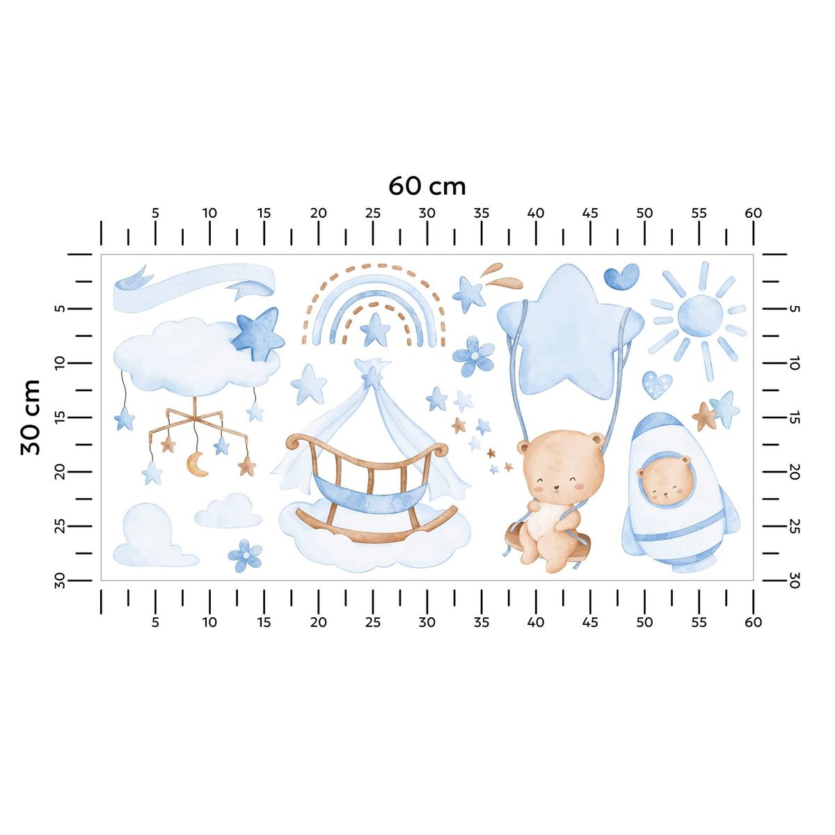 Naklejki Na Ścianę Dla Dzieci Misie Niebieskie 60x30 Boho ZESTAW nr. 2