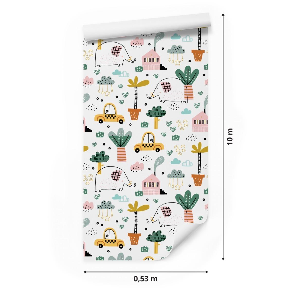 Tapeta Dla Dzieci SŁONIE Auta Styl Skandynawski 53x1000  nr. 2