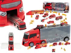 Transporter ciężarówka TIR wyrzutnia w walizce + 7 aut 13 luków straż pożarna zabawka dla dzieci 57x11x19,5cm 