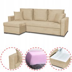 Narożnik BELLA 226x75x140 cm rozkładany funkcją spania rogówka do salonu beżowy welur - Miniaturka zdjęcia nr 2