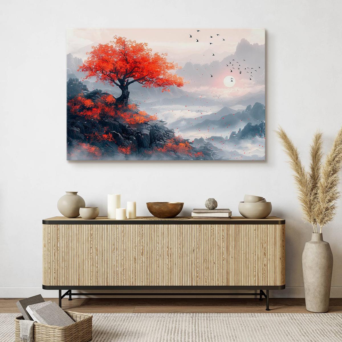 Obraz Na Płótnie Czerwone Drzewo Krajobraz 90x60 Dekoracja do Sypialni nr. 7
