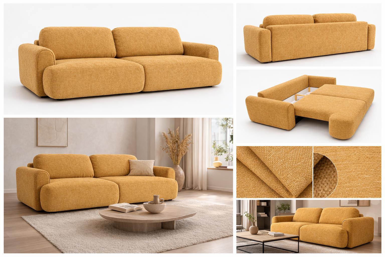 Kanapa z funkcją spania ITALY 250x100x82 cm FLOW 13 trzyosobowa sofa rozkładana tkanina musztardowy nr. 2