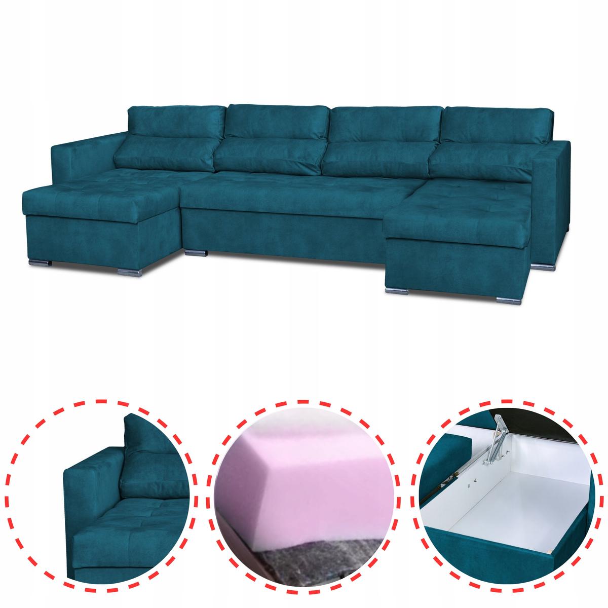 Narożnik Varius BIG 297x74x140 cm kształt U z funkcją spania i przechowywania do salonu Aura turkus welur nr. 2