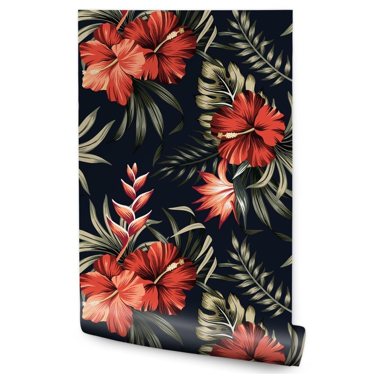 Tapeta Ścienna KWIATY Hibiskusa Liście Tropikalne 
