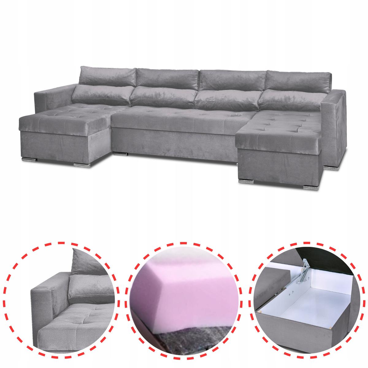 Narożnik Varius BIG 297x74x140 cm kształt U z funkcją spania i przechowywania do salonu Monoliht szary nr. 2