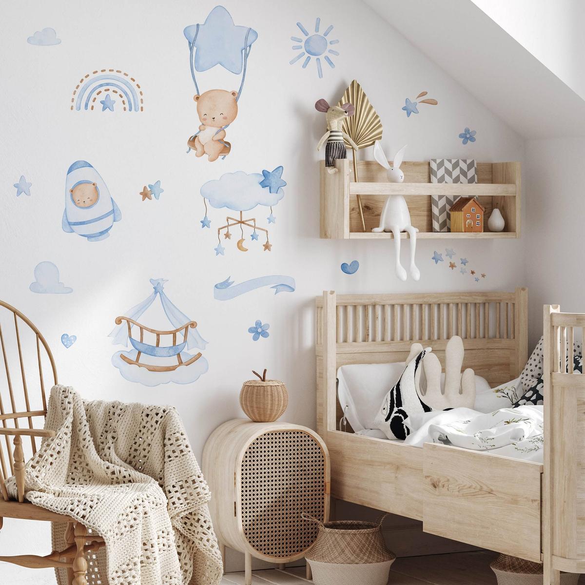 Naklejki Na Ścianę Dla Dzieci Misie Niebieskie 60x30 Boho ZESTAW nr. 5