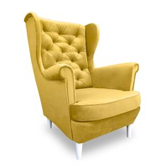Fotel uszak JULIO skandynawski żółty welurowy do salonu 104 cm x 75 cm białe nóżki drewniane 