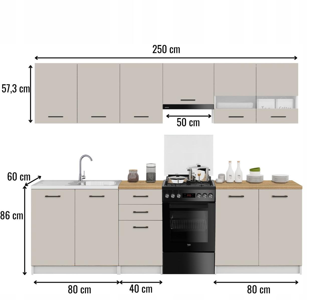 Zestaw mebli kuchennych górnych i dolnych gotowy 250 cm 6 szt kaszmir komplet szafek z blatami dąb kamienny czarne uchwyty do kuchni  nr. 3