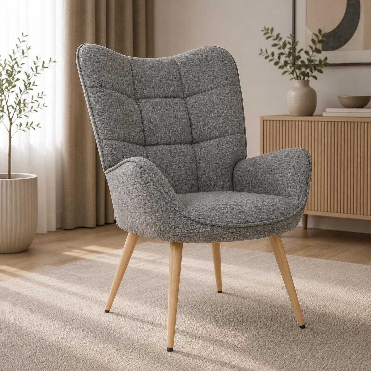 Fotel VIA tapicerowany wypoczynkowy 69x63x89 cm do salonu biura nogi dąb, szary
