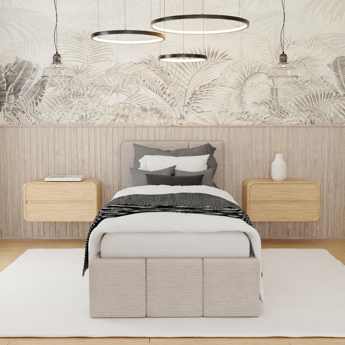 Łóżko Tapicerowane Do Sypialni 90x200cm Podwójne z Pojemnikiem Beżowe nr. 2