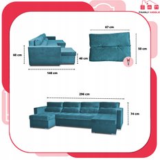 Narożnik Varius BIG 297x74x140 cm kształt U z funkcją spania i przechowywania do salonu Royal morski - Miniaturka zdjęcia nr 8