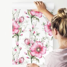 Tapeta Ścienna Różowe Malowane MAKI Liście Natura  - Miniaturka zdjęcia nr 3