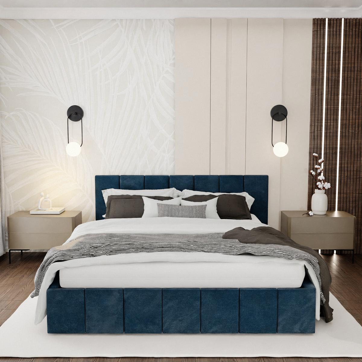 Łóżko tapicerowane 140x200 premium z pojemnikiem do sypialni granatowe wezgłowie 107 cm nr. 2